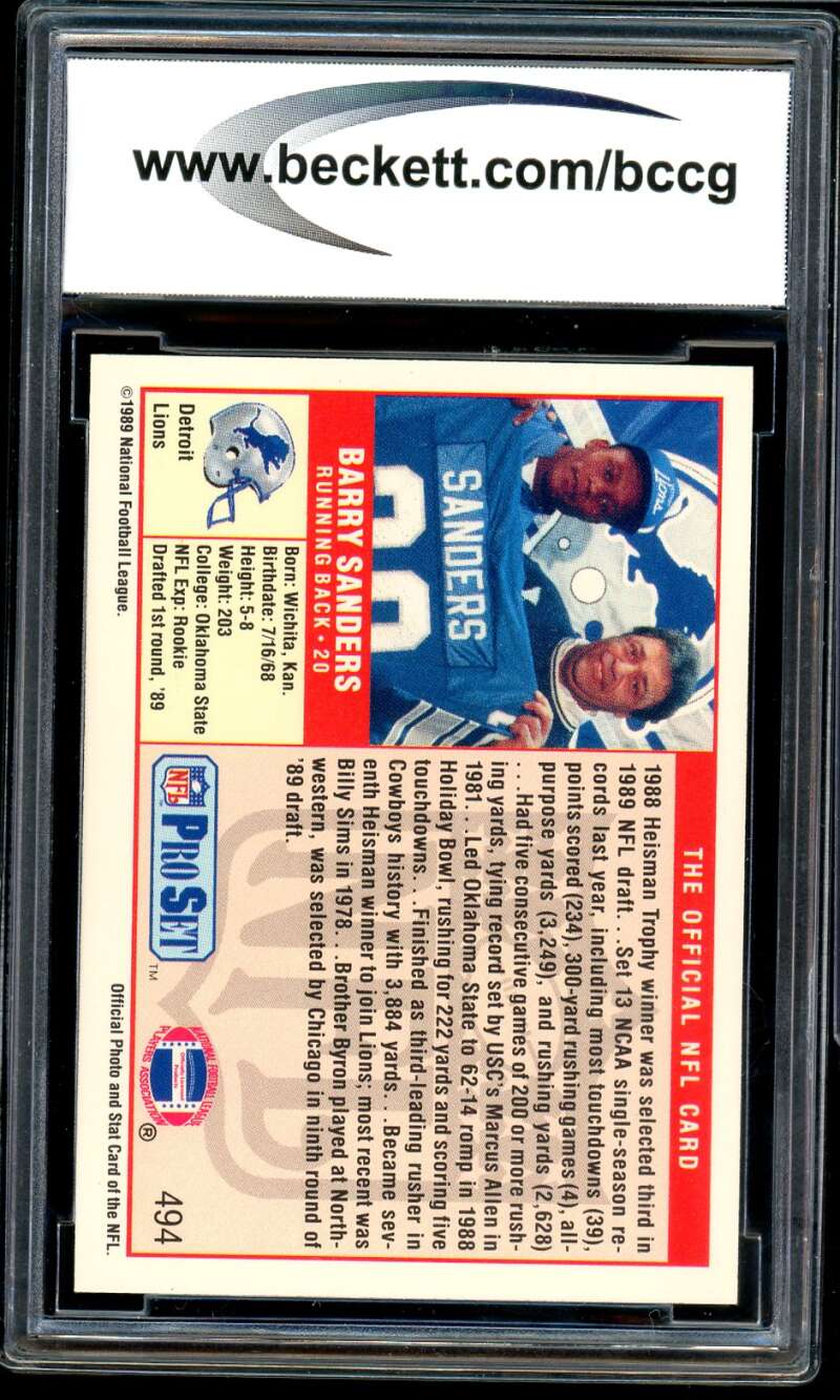 Barry Sanders Rookie Card 1989 Pro Set #494 BGS BCCG 10 Image 2