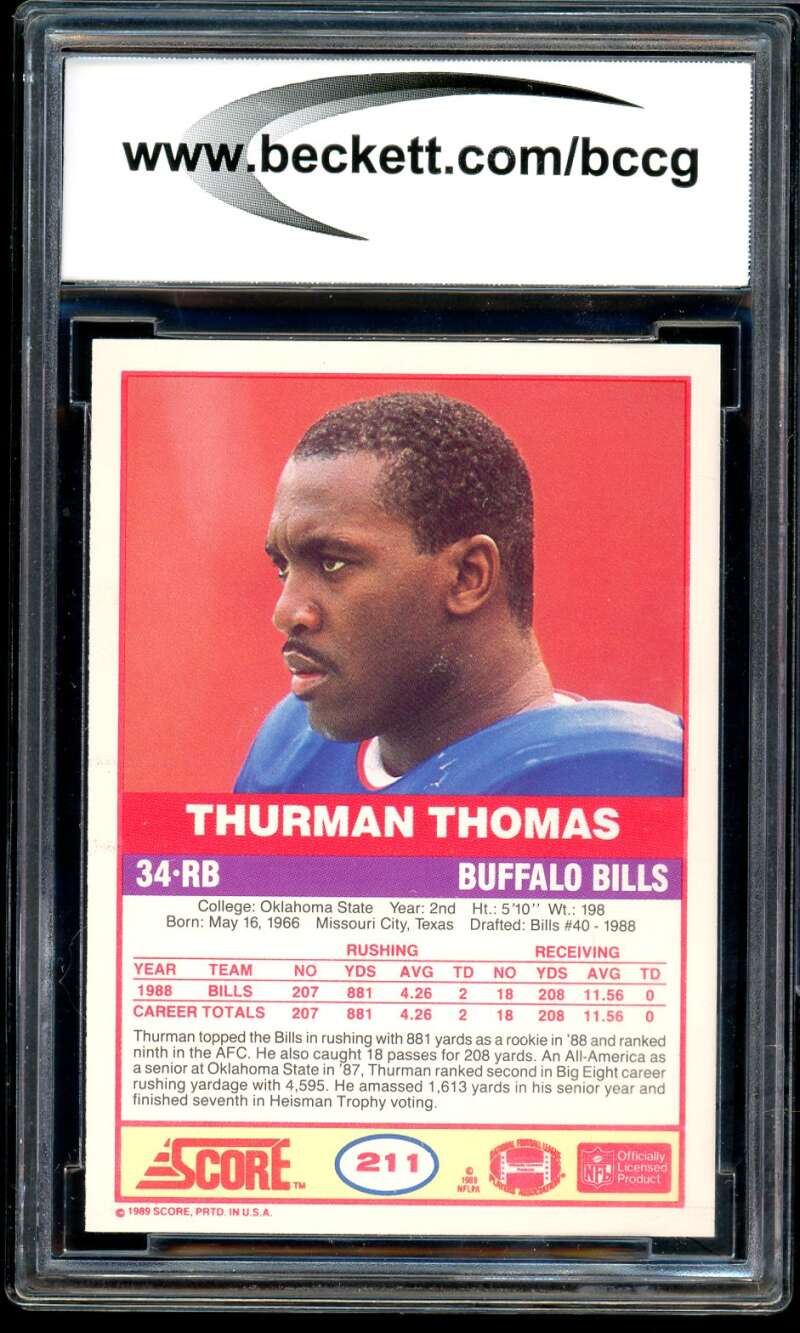 Thurman Thomas Rookie Card 1989 Score #211 BGS BCCG 10 Image 2