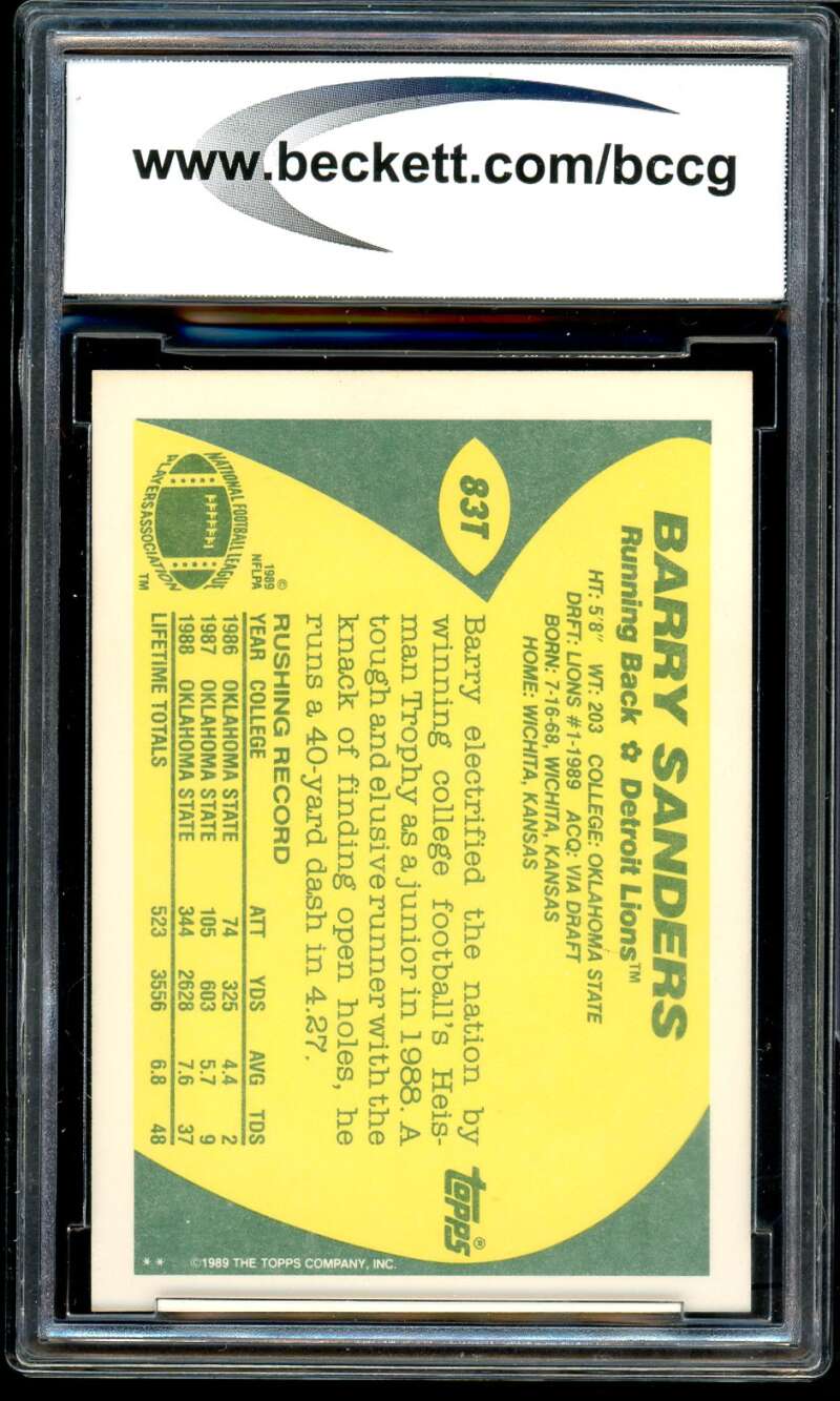Barry Sanders Rookie Card 1989 Topps Traded #83T BGS BCCG 10 Image 2