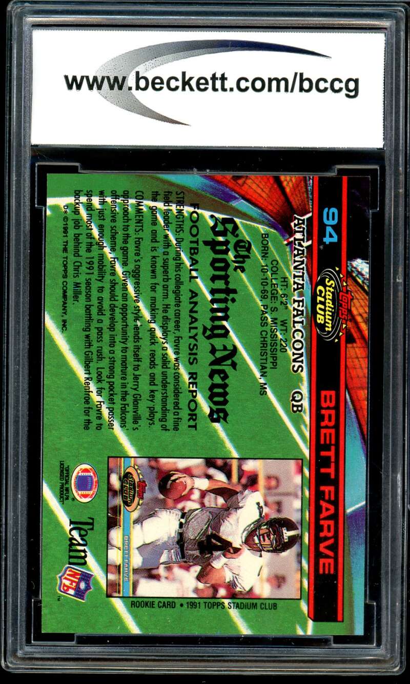 Brett Favre Rookie Card 1991 Stadium Club #94 BGS BCCG 9 Image 2