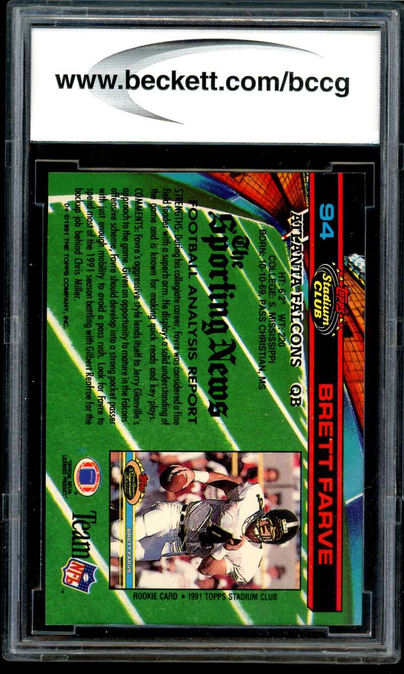 Brett Favre Rookie Card 1991 Stadium Club #94 BGS BCCG 10 Image 2