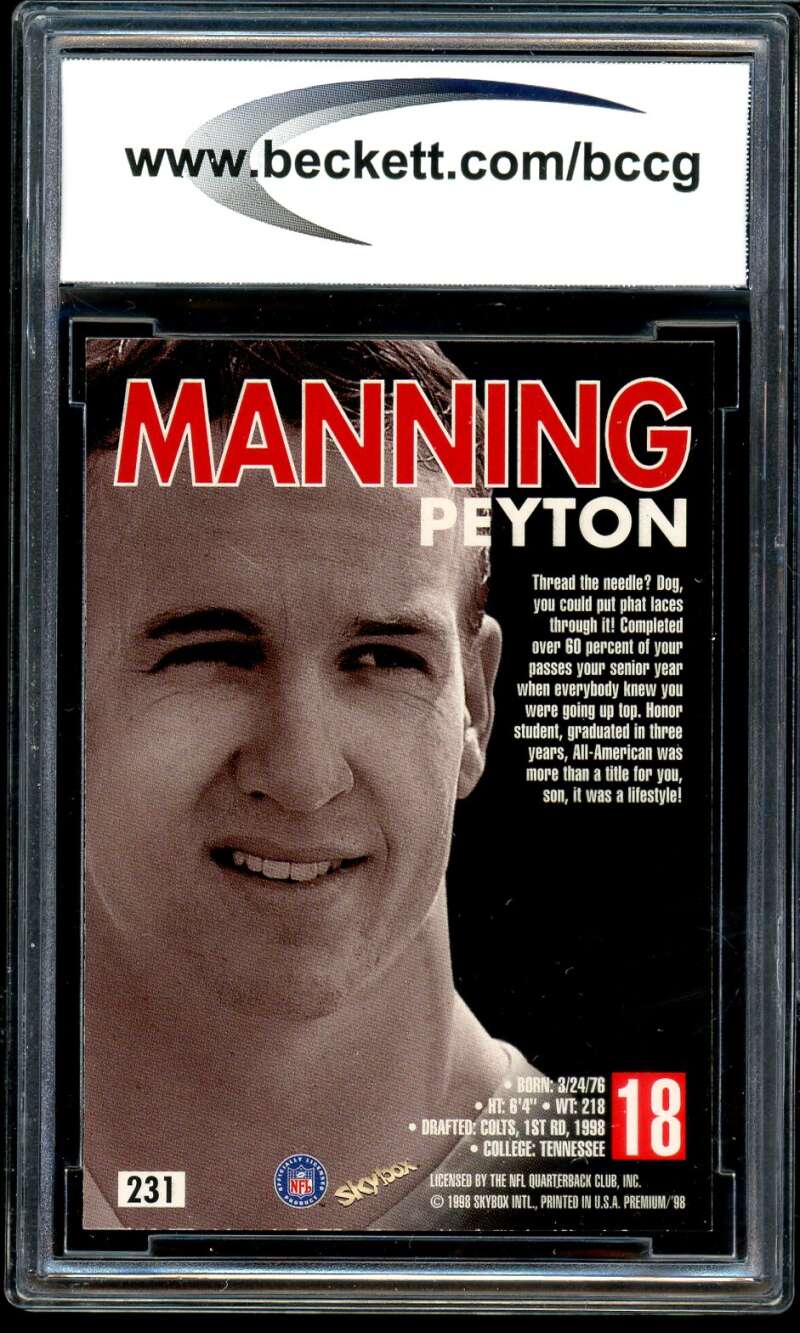 Peyton Manning Rookie Card 1998 Skybox Premium #231 BGS BCCG 10 Image 2