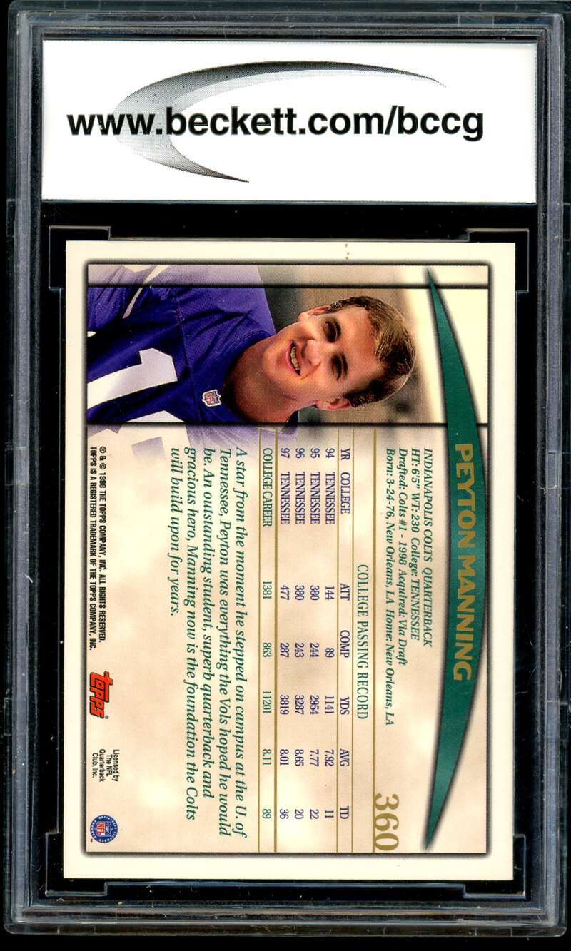 Peyton Manning Rookie Card 1998 Topps #360 BGS BCCG 10 Image 2