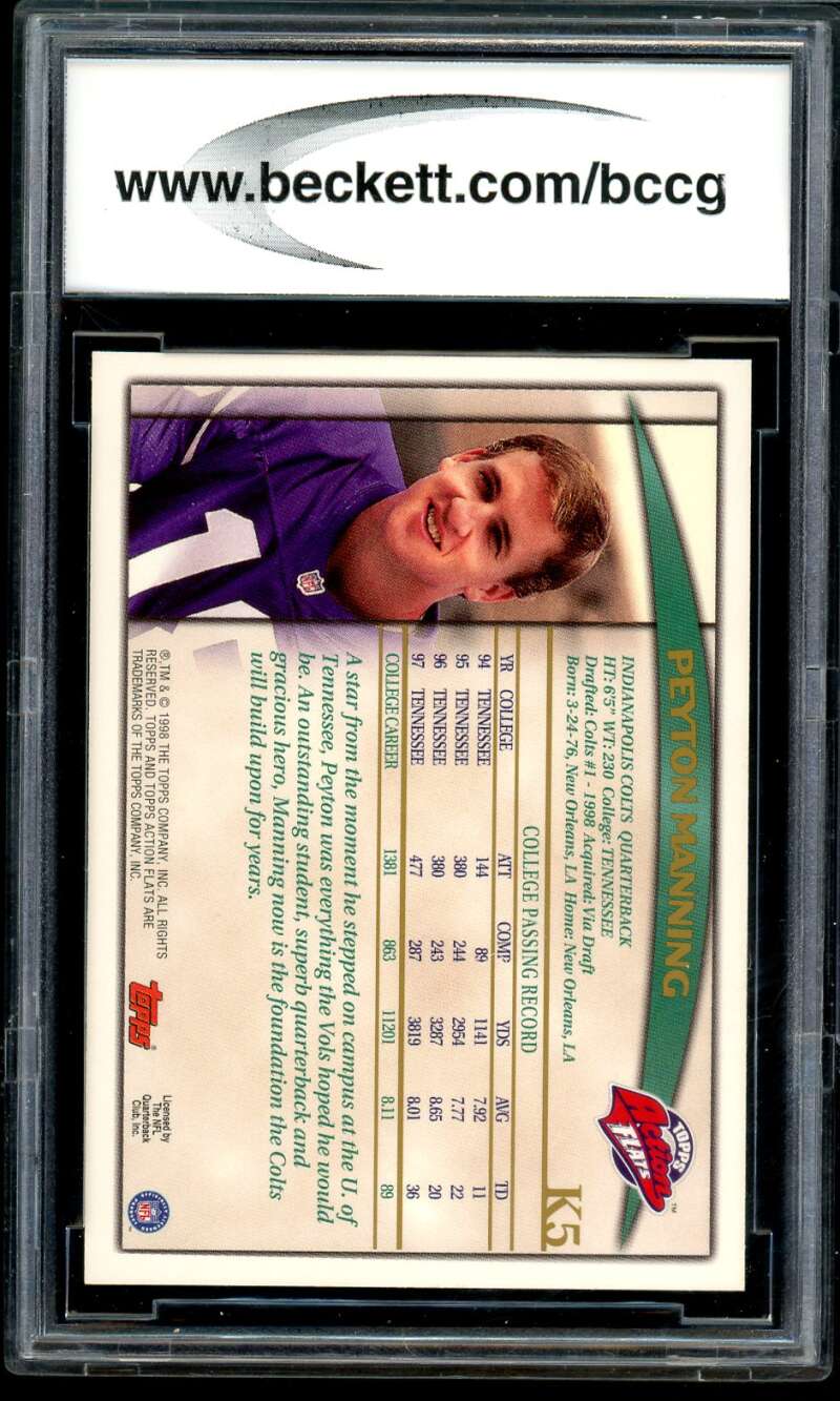 Peyton Manning Rookie Card 1998 Topps Action Flats #K5 BGS BCCG 9 Image 2