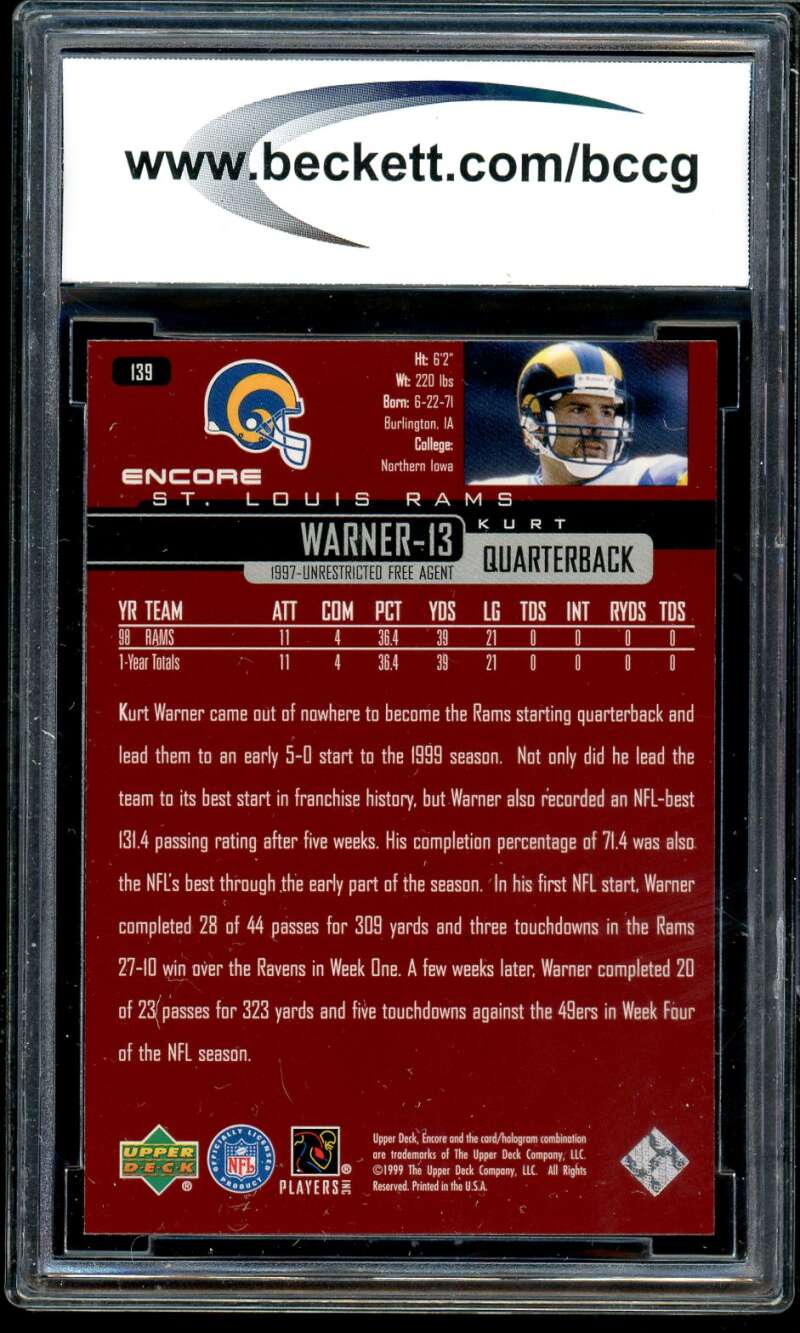 Kurt Warner Rookie Card 1999 Upper Deck Encore #139 BGS BCCG 9 Image 2