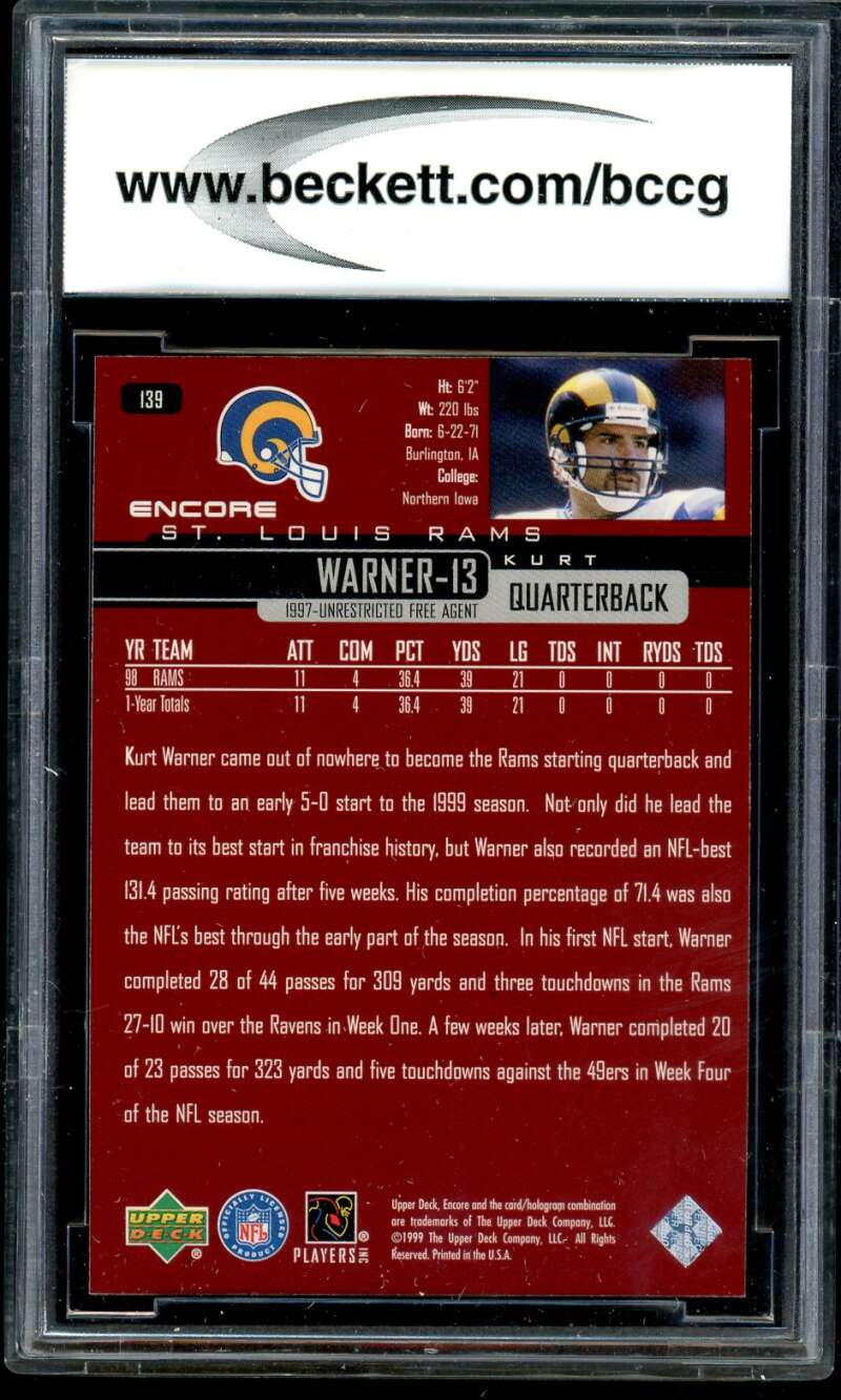 Kurt Warner Rookie Card 1999 Upper Deck Encore #139 BGS BCCG 10 Image 2