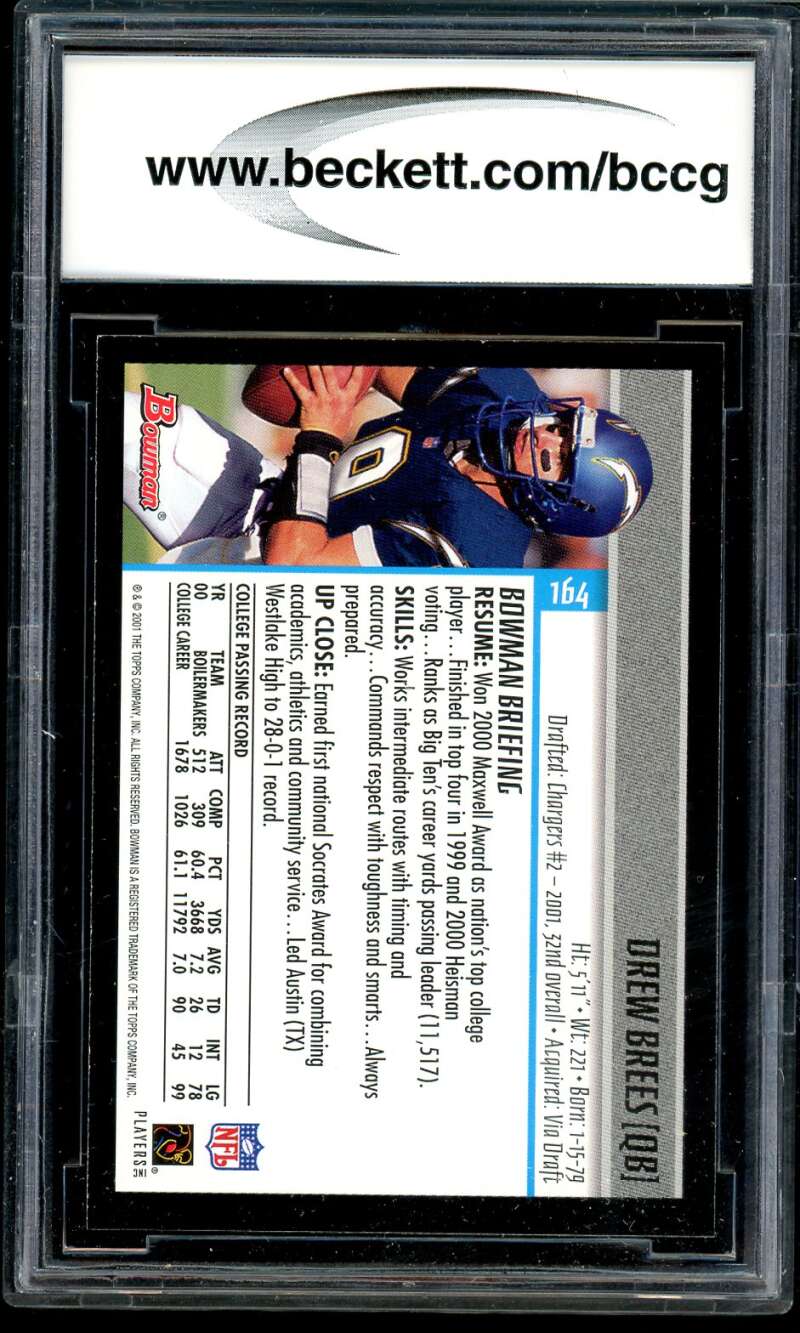 Drew Brees Rookie Card 2001 Bowman #164 BGS BCCG 9 Image 2