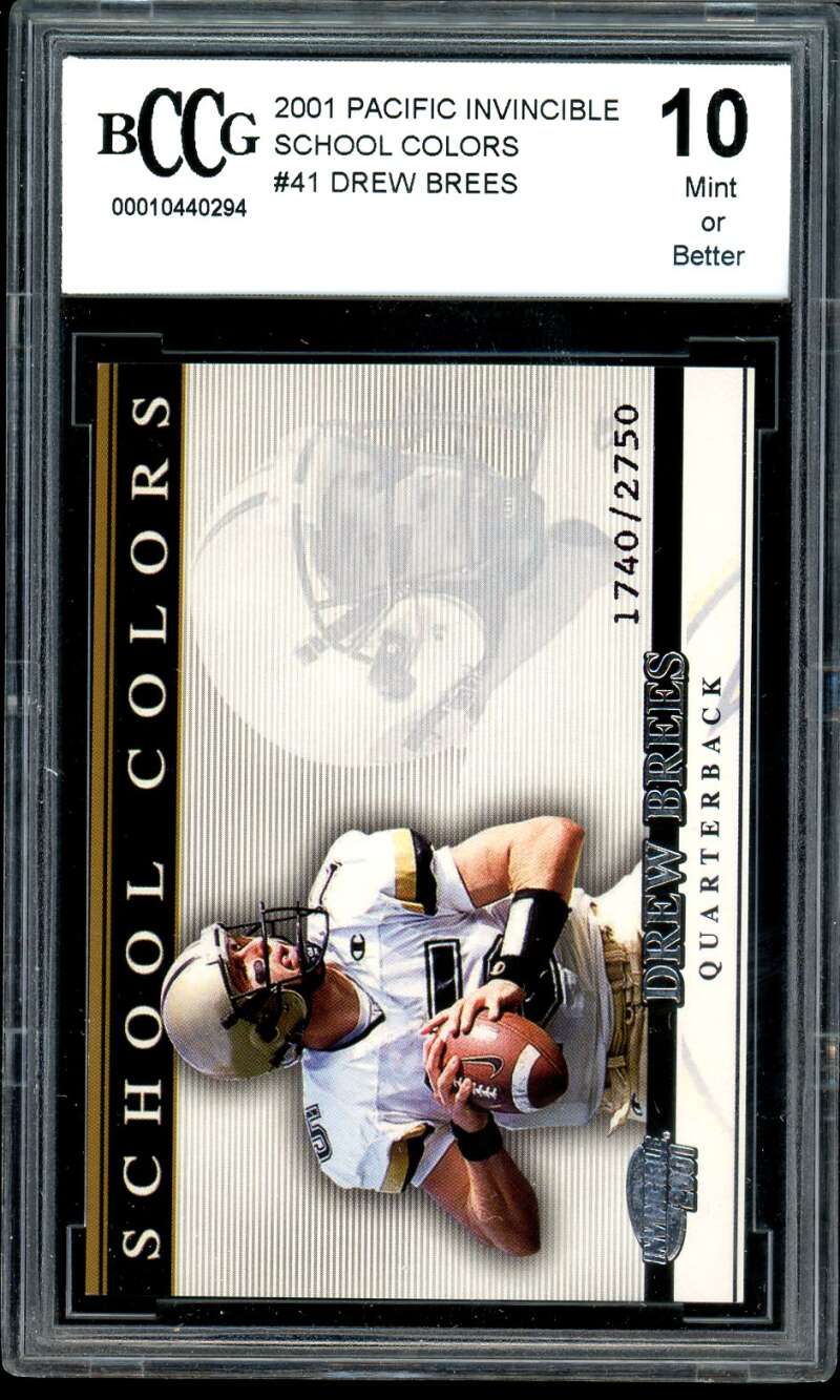 Drew Brees Rookie Card 2001 Pacific Invincible School Colors #41 BGS BCCG 10 Image 1