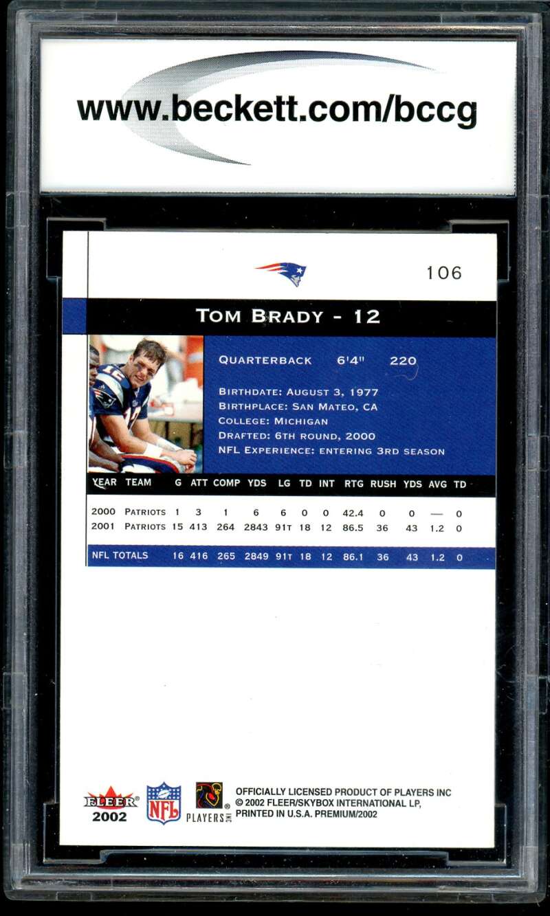 Tom Brady Card 2002 Fleer Premium #106 BGS BCCG 10 Image 2