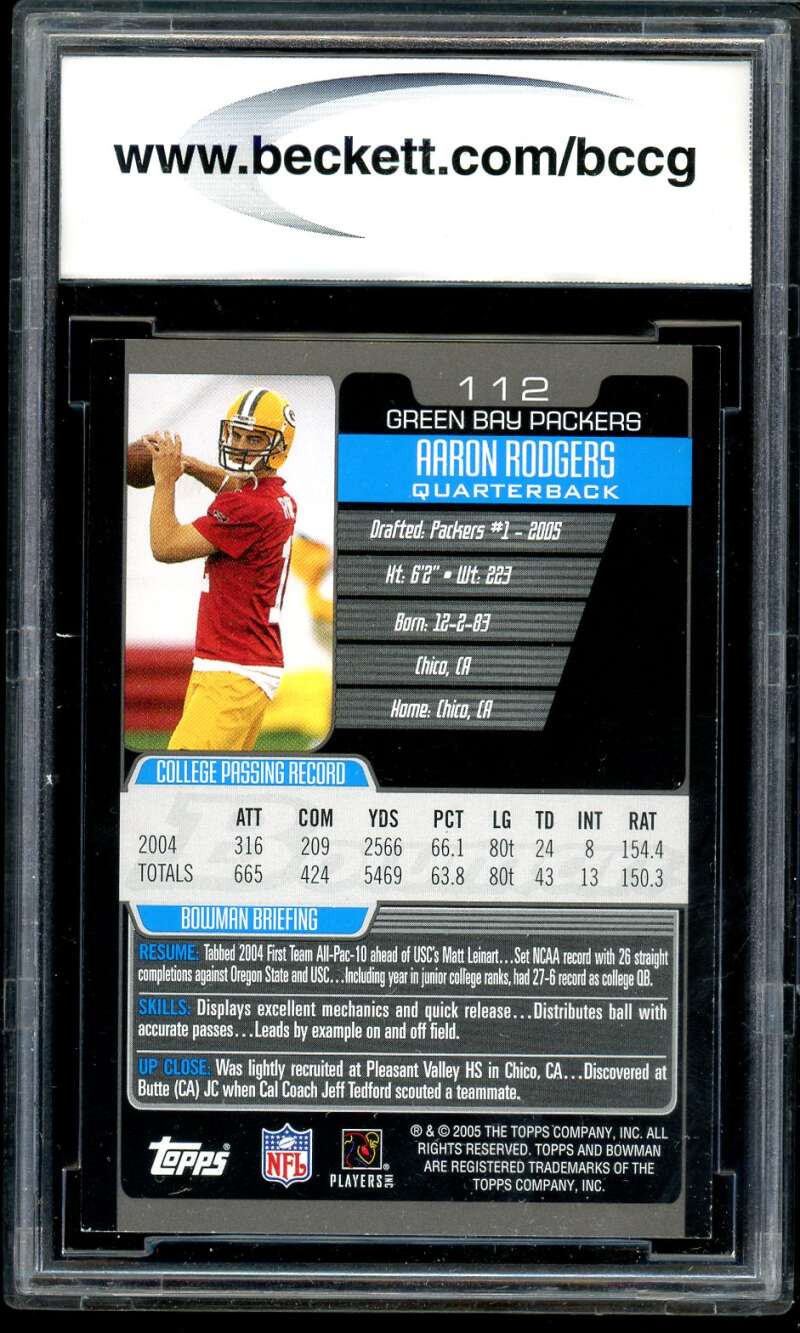 Aaron Rodgers Rookie Card 2005 Bowman #112 BGS BCCG 9 Image 2