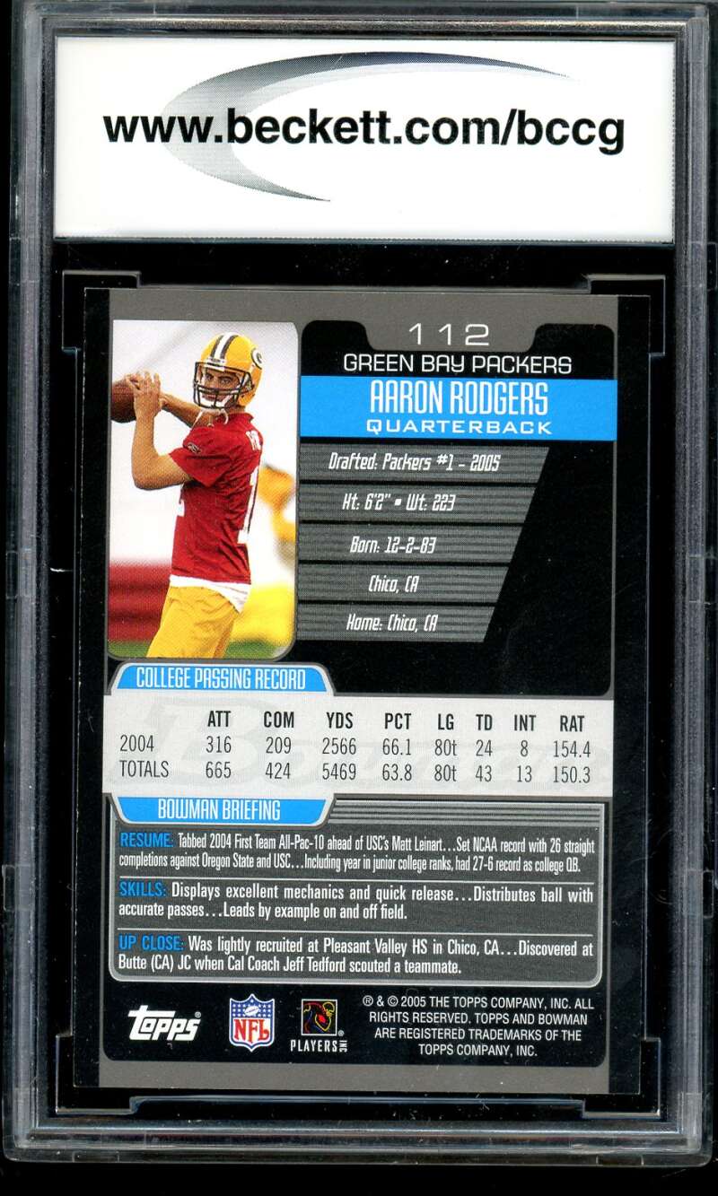Aaron Rodgers Rookie Card 2005 Bowman #112 BGS BCCG 10 Image 2