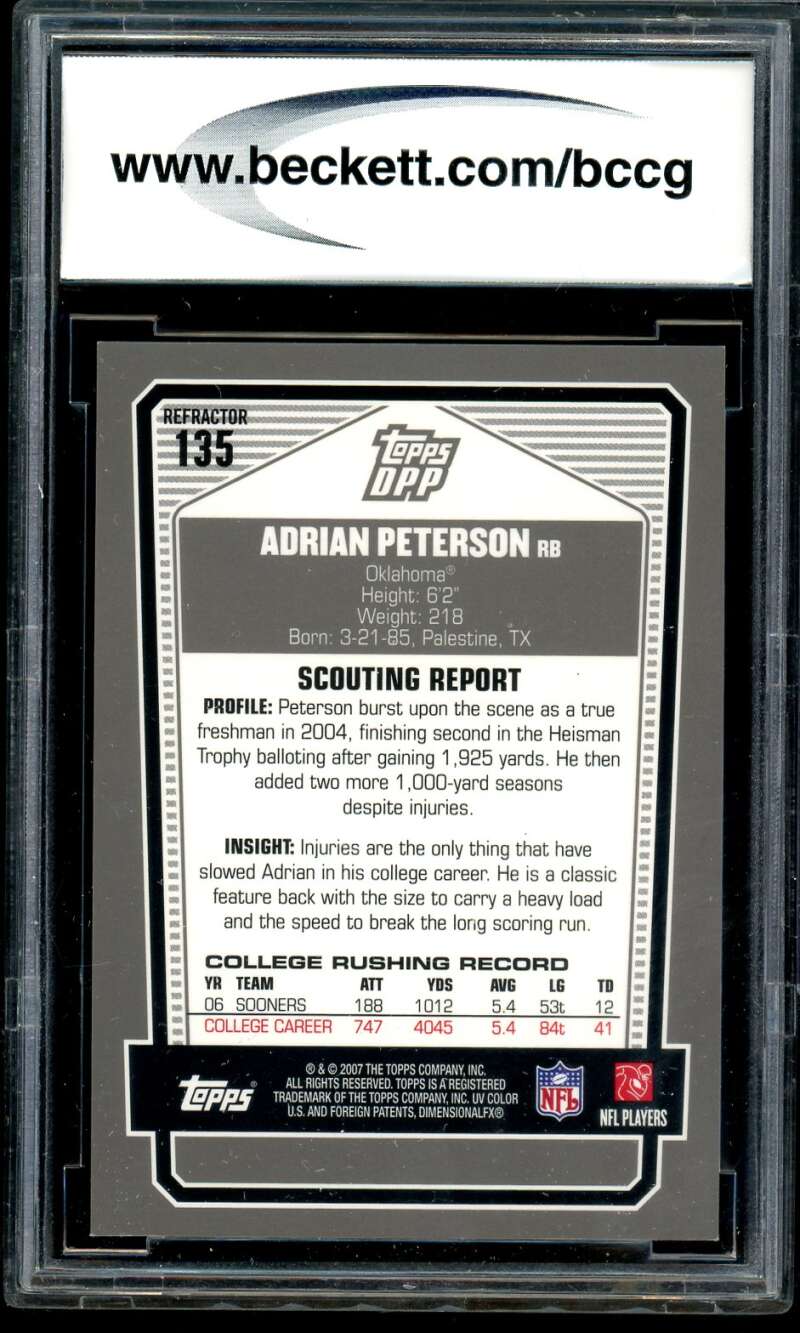Adrian Peterson Rookie 2007 Topps Dpp Prospect Chrome Black Ref #135 BGS BCCG 10 Image 2