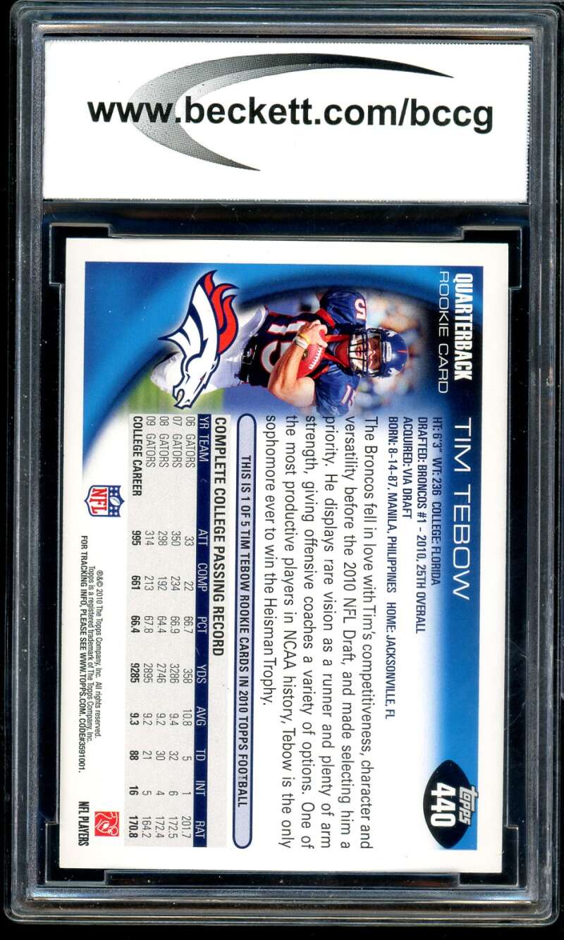 Tim Tebow Rookie Card 2010 Topps #440A BGS BCCG 9 Image 2