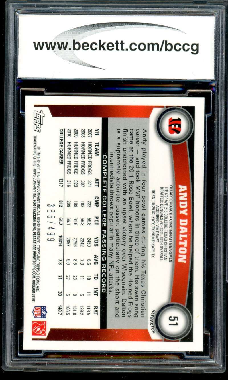Andy Dalton Rookie Card 2011 Topps Chrome Purple Refractors #51 BGS BCCG 10 Image 2
