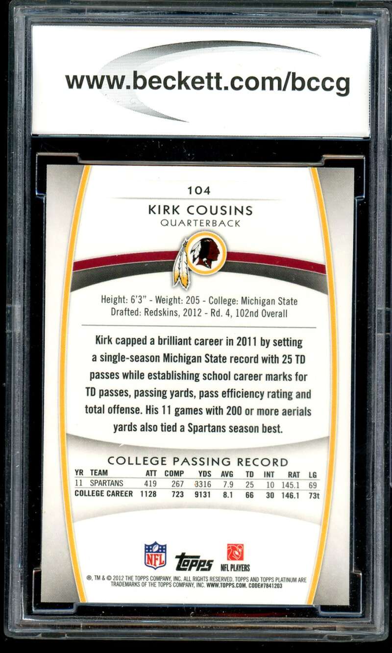 Kirk Cousins Rookie Card 2012 Topps Platinum #104 BGS BCCG 9 Image 2