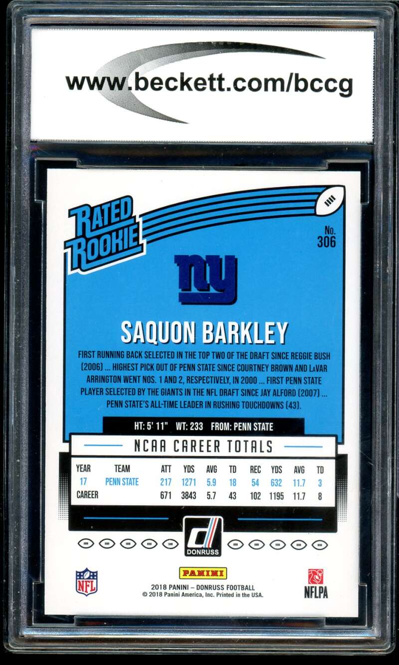 Saquon Barkley Rookie Card 2018 Donruss #306 BGS BCCG 10 Image 2
