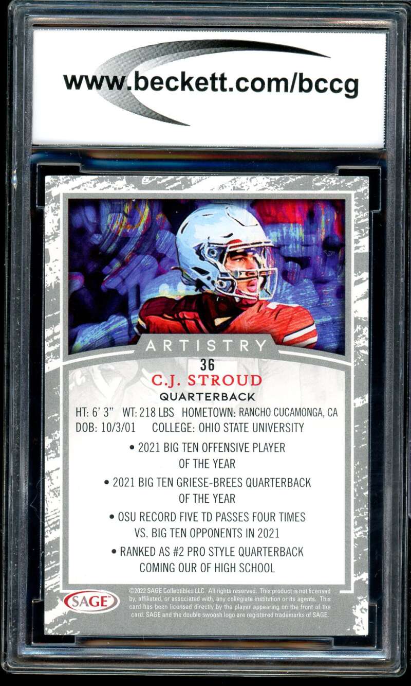C.J. Stroud Rookie Card 2022 Sage Artistry #36 BGS BCCG 10 Image 2