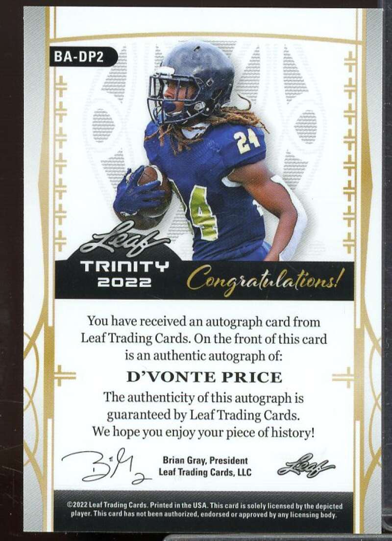 D'Vonte Price Rookie Card 2022 Leaf Trinity Emerald #BADP2  Image 2