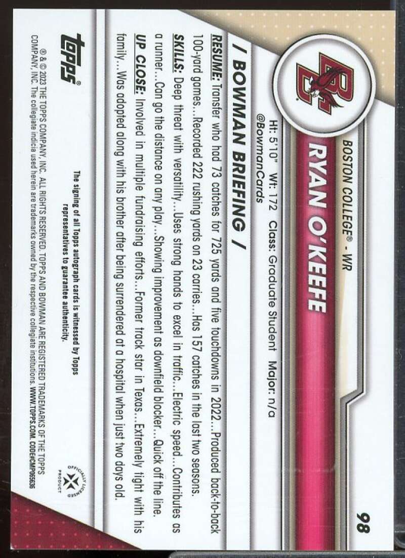 Ryan O'Keefe Rookie Card 2023 Bowman Chrome University Autographs #98  Image 2