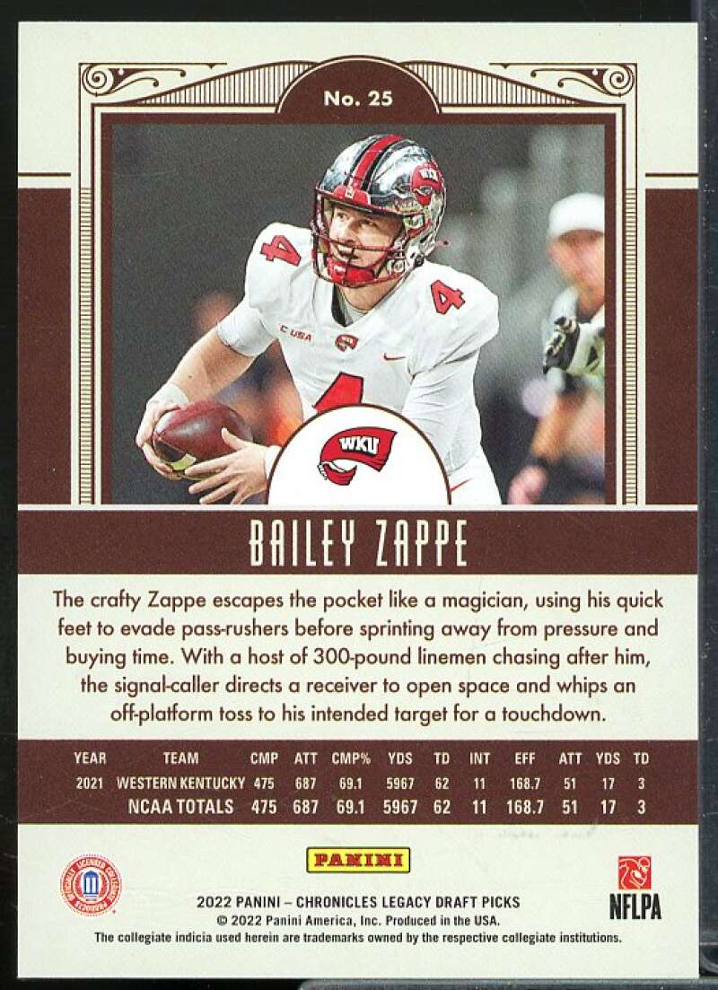 Bailey Zappe Rookie Card 2022 Panini Chronicles Draft Picks Legacy Rookies #25  Image 2