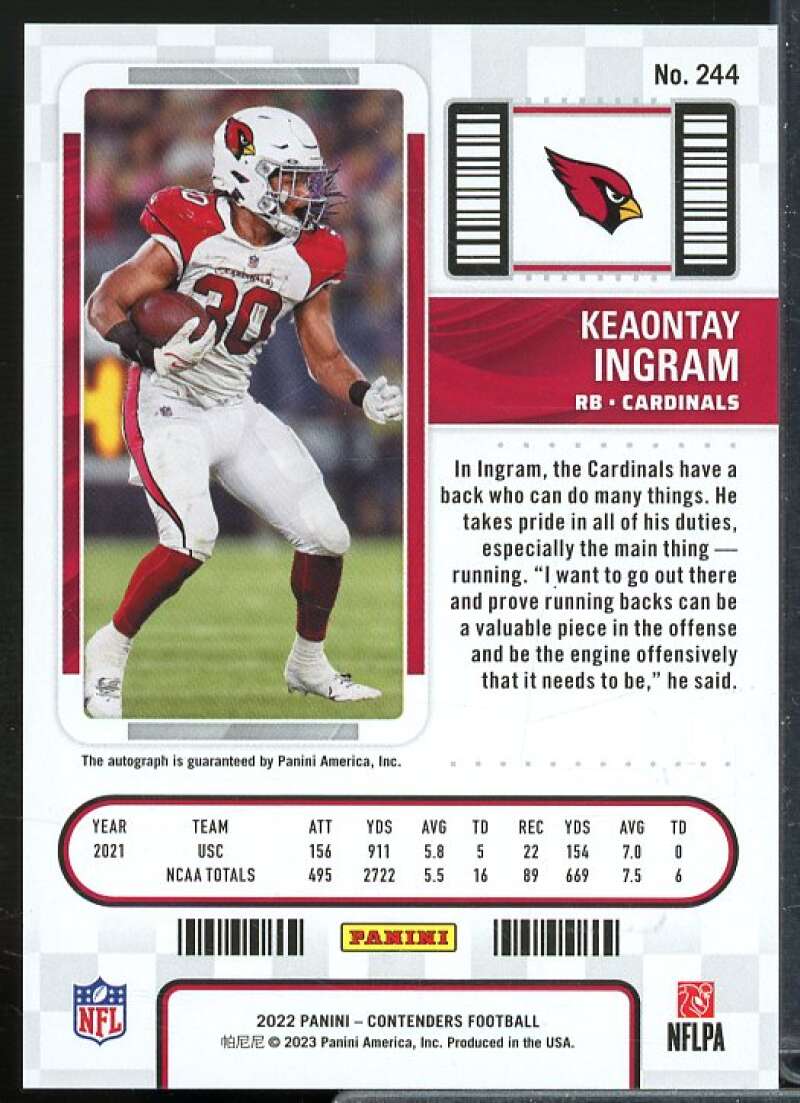 Keaontay Ingram AU Rookie Card 2022 Panini Contenders Wild Card Round #244  Image 2