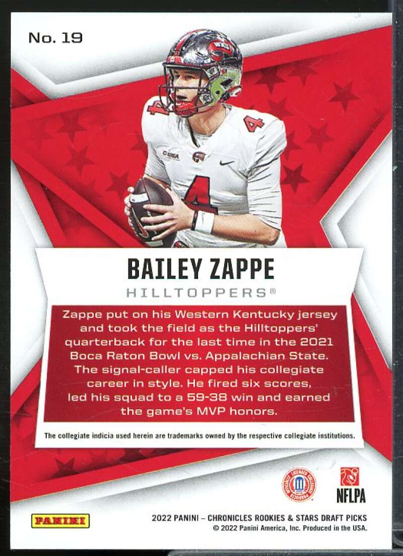 Bailey Zappe Rookie 2022 Panini Chronicles Draft Picks Rookies and Stars #19  Image 2