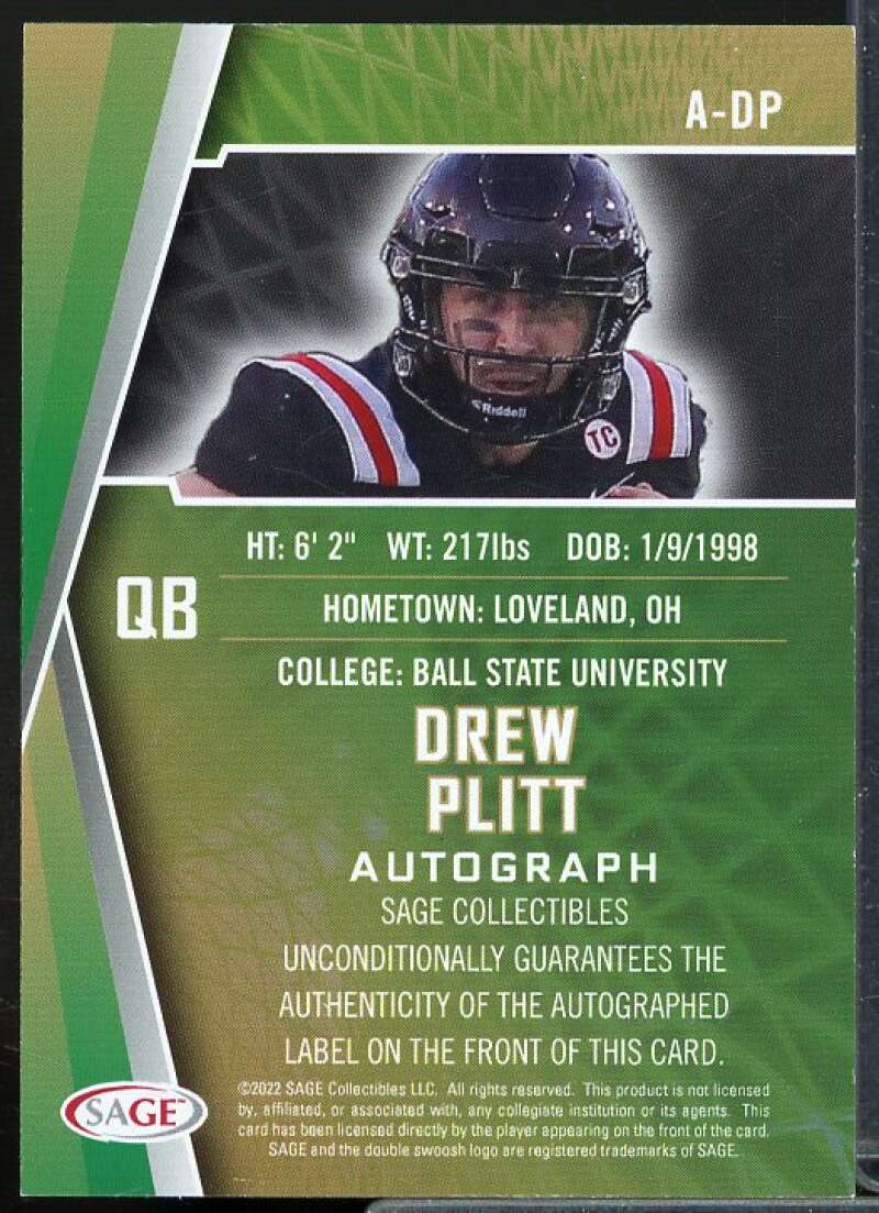 Drew Plitt Rookie Card 2022 SAGE HIT Autographs Gold #ADP  Image 2