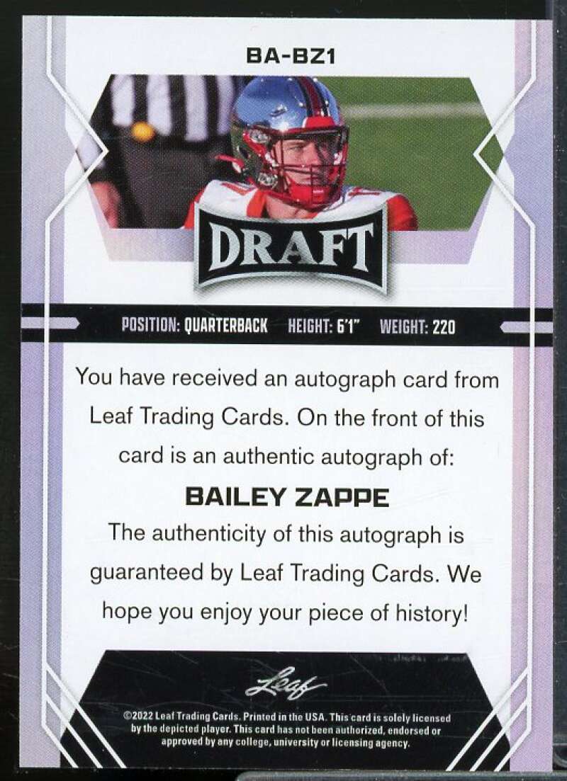 Bailey Zappe Rookie Card 2022 Leaf Draft and Prospects Autographs Red #BABZ1  Image 2