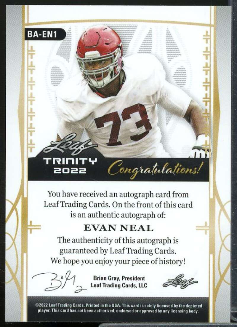Evan Neal Rookie Card 2022 Leaf Trinity Navy #BAEN1  Image 2
