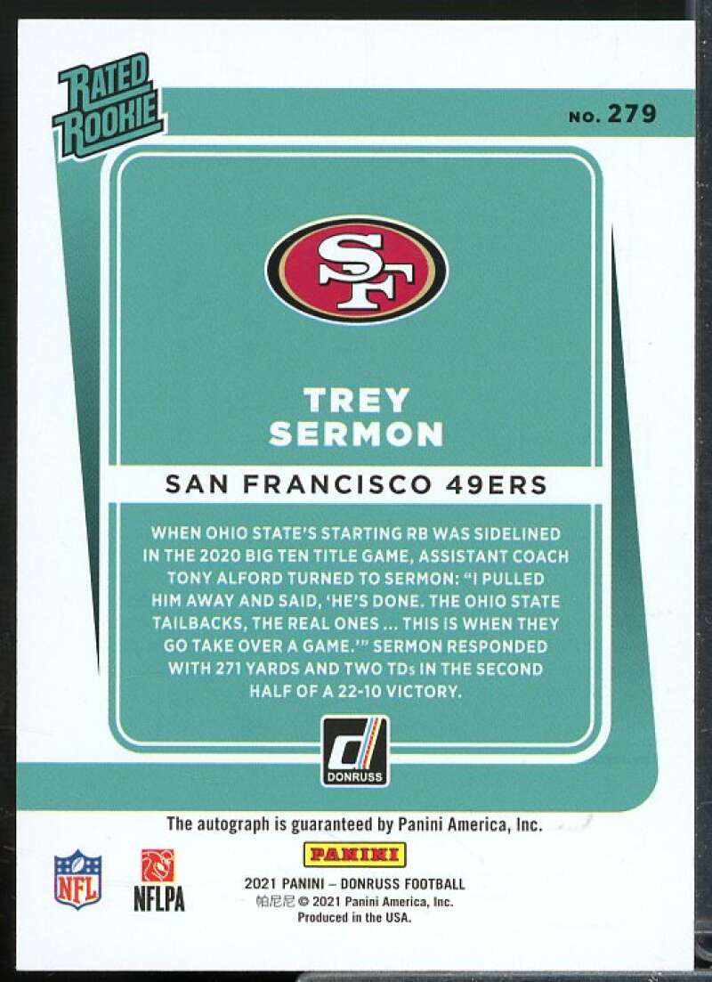 Trey Sermon Rookie Card 2021 Donruss Rated Rookies Autographs Orange #279  Image 2