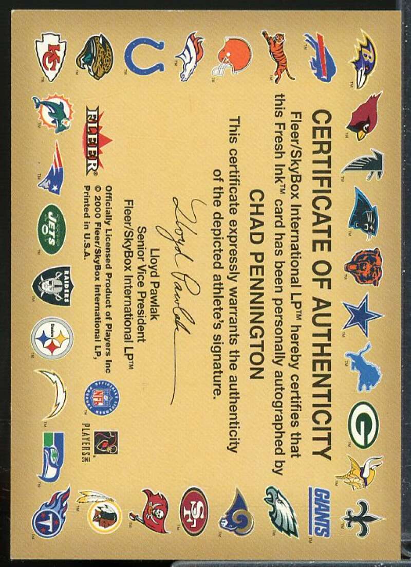 Chad Pennington Rookie Card 2000 Fleer Tradition Autographics Silver #112  Image 2