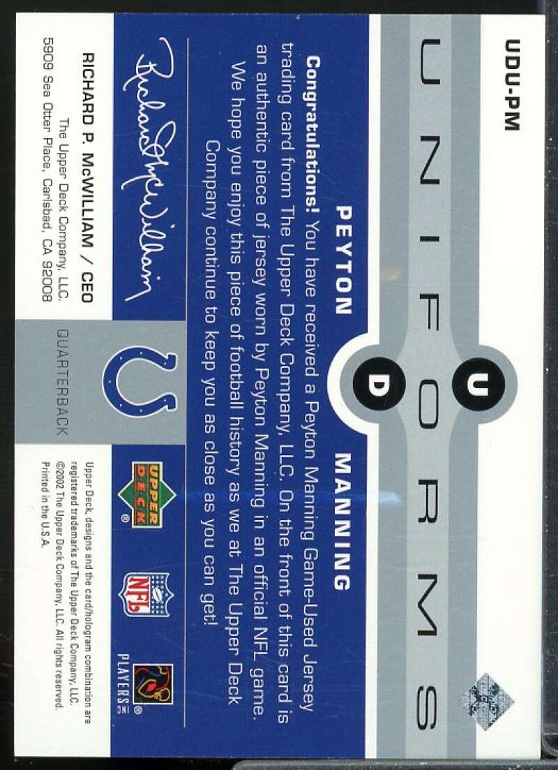 Peyton Manning Card 2002 Upper Deck Uniforms #UDUPM  Image 2