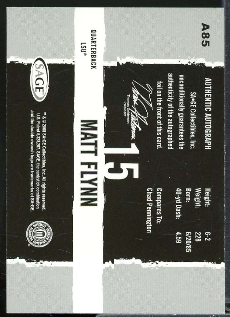 Matt Flynn Rookie Card 2008 SAGE HIT Autographs #A85  Image 2