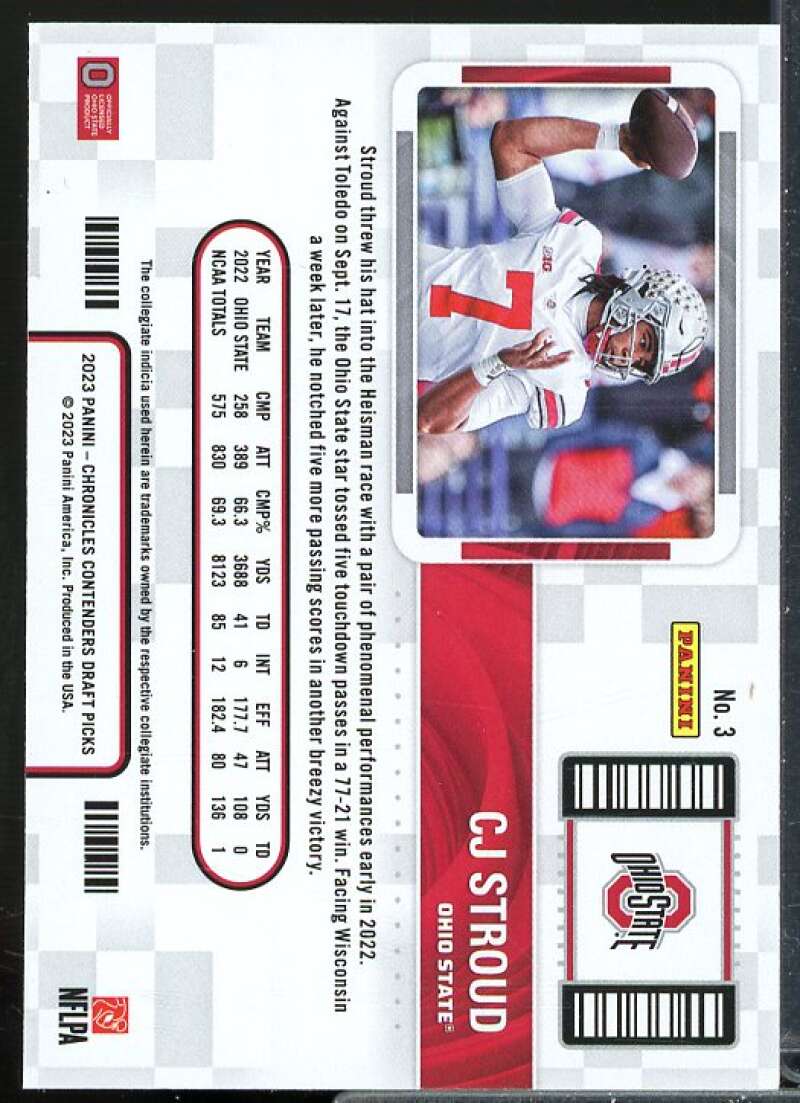 CJ Stroud Rookie 2023 Panini Chronicles Draft Picks Contenders College Ticket #3  Image 2