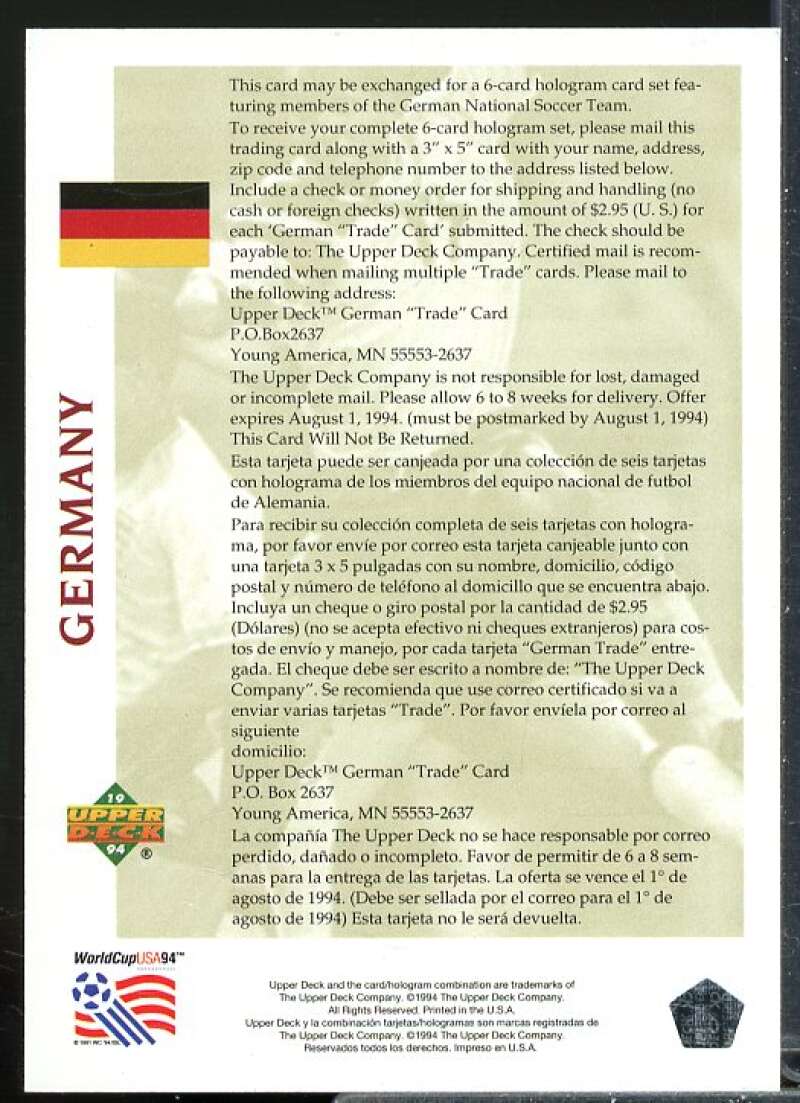 Exchange 1994 Upper Deck World Cup Salute To German National Soccer Team #NNO  Image 2