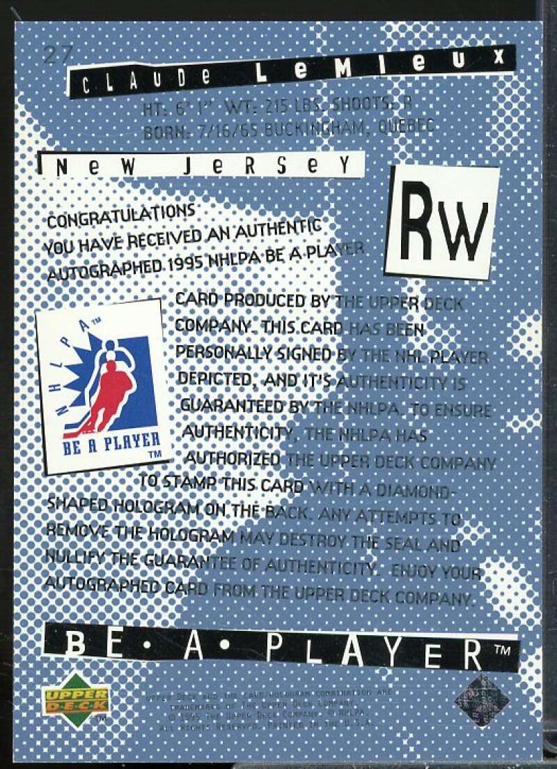 Claude Lemieux Card 1994-95 Be A Player Autographs #27  Image 2