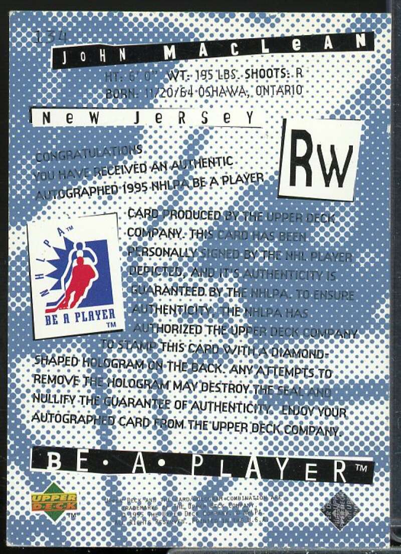 John MacLean Card 1994-95 Be A Player Autographs #134  Image 2