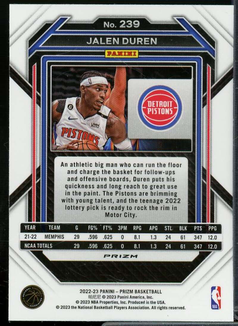 Jalen Duren Rookie Card 2022-23 Panini Prizm Prizms Ice #239  Image 2