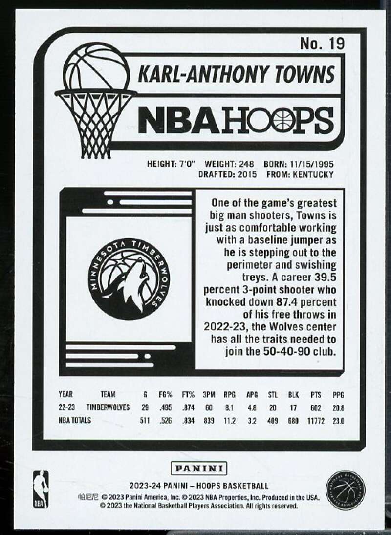 Karl-Anthony Towns Card 2023-24 Hoops Blue Explosion #19  Image 2