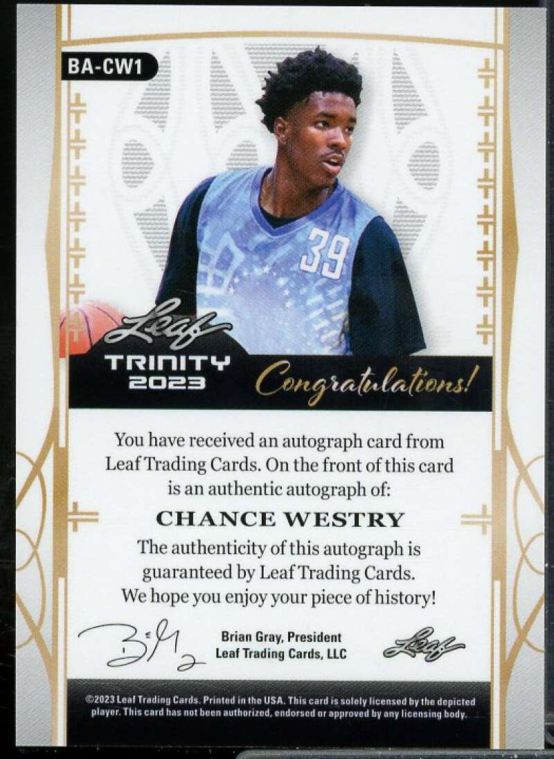 Chance Westry Rookie Card 2023 Leaf Trinity Platinum Holo #BACW1  Image 2