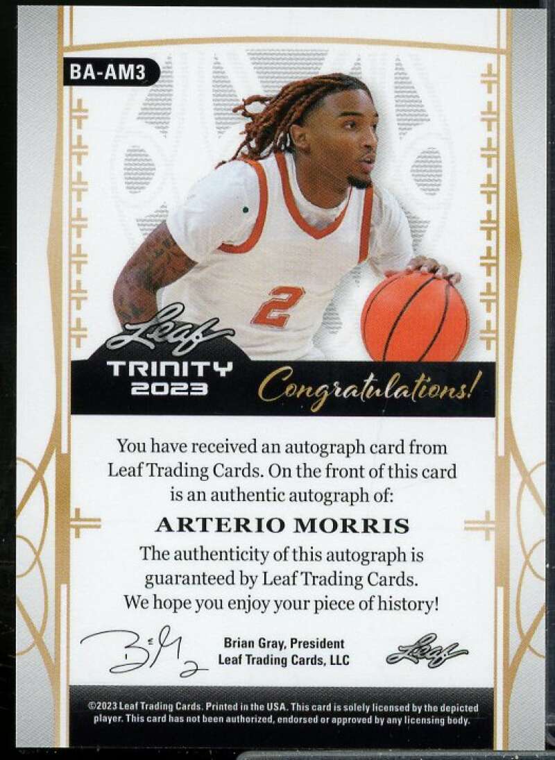 Arterio Morris Rookie Card 2023 Leaf Trinity Platinum Holo #BAAM3  Image 2