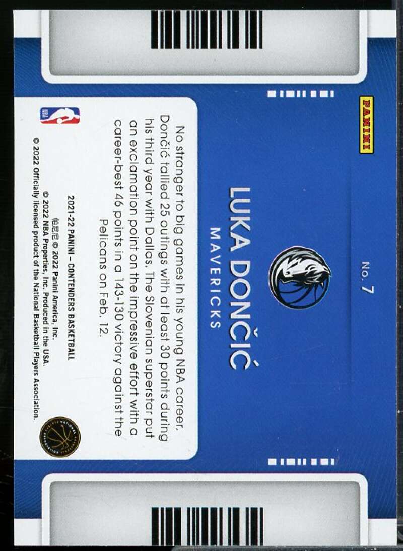 Luka Doncic Card 2021-22 Panini Contenders Game Night Ticket #7  Image 2
