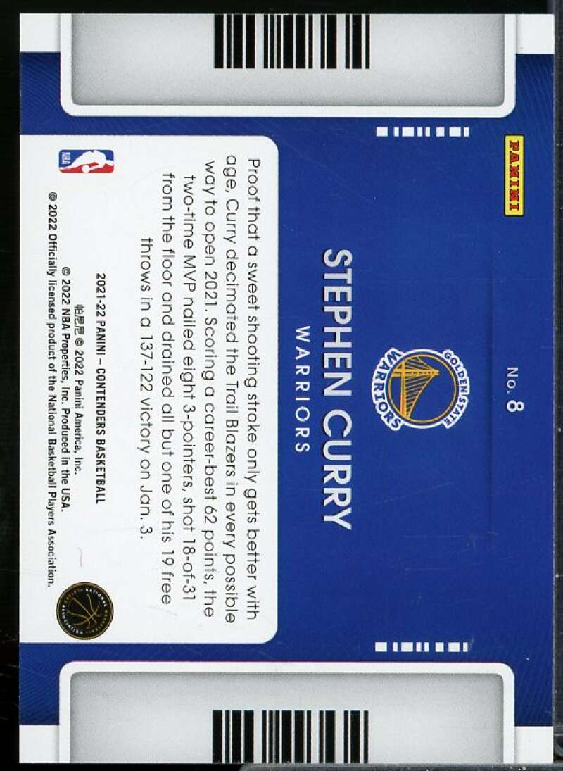Stephen Curry Card 2021-22 Panini Contenders Game Night Ticket #8  Image 2