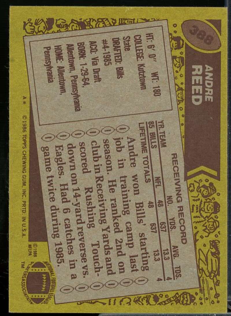 Andre Reed Rookie Card 1986 Topps #388  Image 2