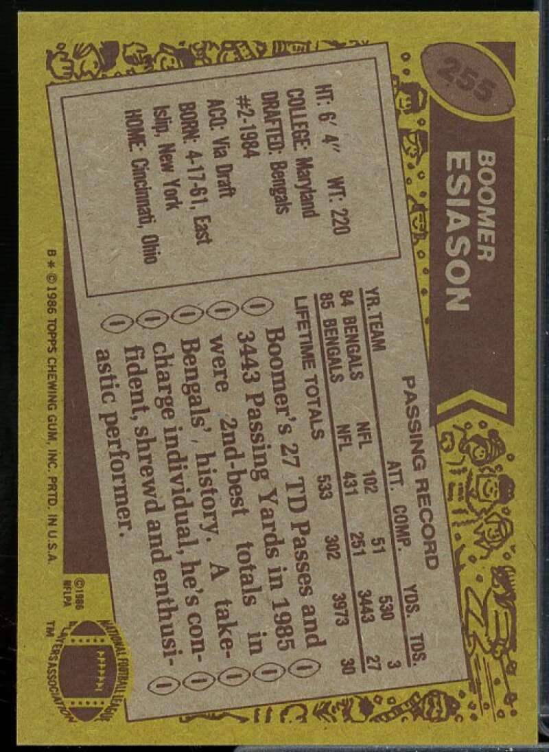 Boomer Esiason Rookie Card 1986 Topps #255  Image 2
