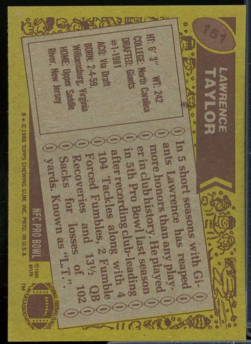 Lawrence Taylor AP Card 1986 Topps #151  Image 2