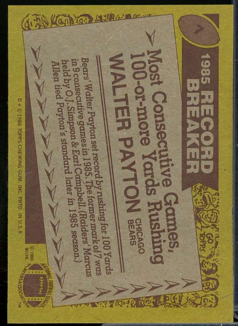 Walter Payton RB/Most Consecutive/Games 100 or More/Yards Rushing 1986 Topps #7  Image 2