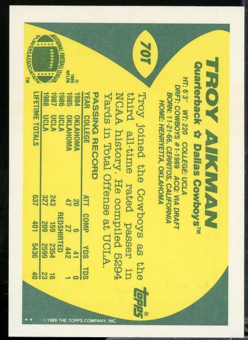 Troy Aikman Rookie Card 1989 Topps Traded #70T  Image 2