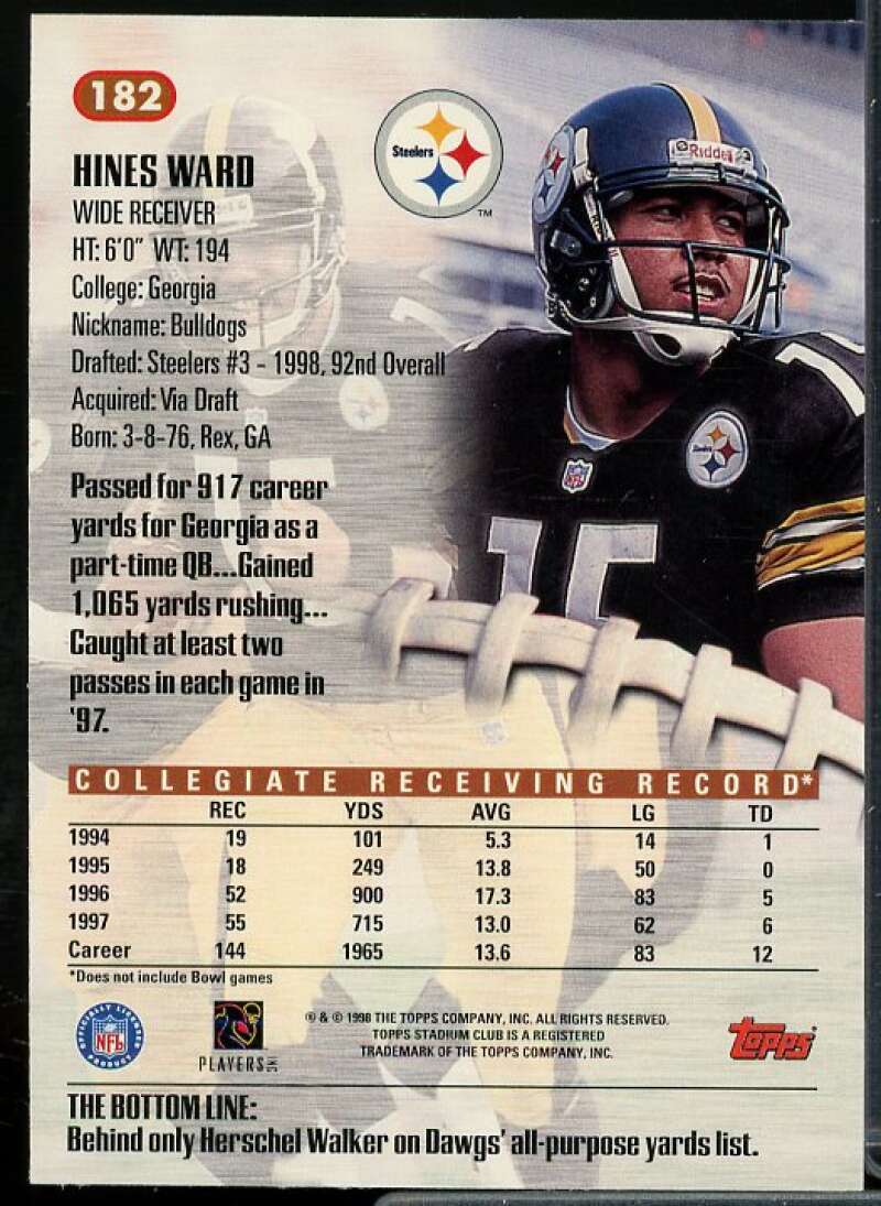 Hines Ward Rookie Card 1998 Stadium Club #182  Image 2