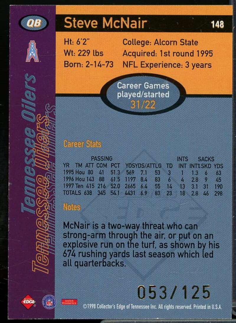 Steve McNair Card 1998 Collector's Edge First Place 50-Point Silver #148  Image 2